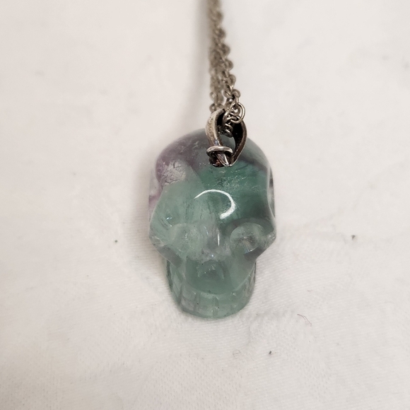 Rainbow Flourite Skull Silver Necklace - Picture 2 of 13